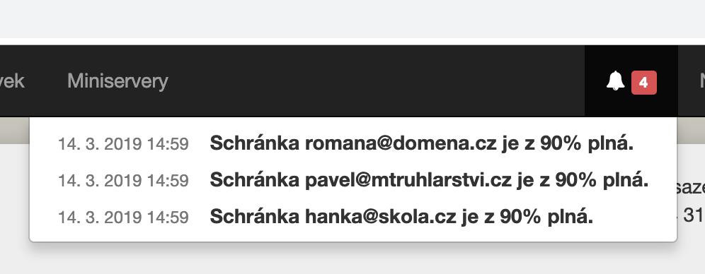 hostingBB's tweet image. #Miniserver už umí po vzoru našeho sdíleného hostingu informovat vaše uživatele e-mailů, pokud je jejich schránka zaplněna na 90%. Současně se to dozvíte v Adminu ve zbrusu nových notifikacích v horním panelu.