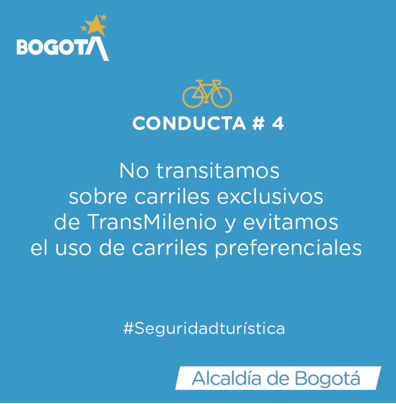 Bogota_Turismo's tweet photo. 📣4⃣La bici es una de las mejores opciones de transporte sostenible en Bogotá; por eso como ciclista, respeto los tramos establecidos para transitar con tranquilidad.  
#SeguridadTurística 🚲 https://t.co/lC06WMfIpJ