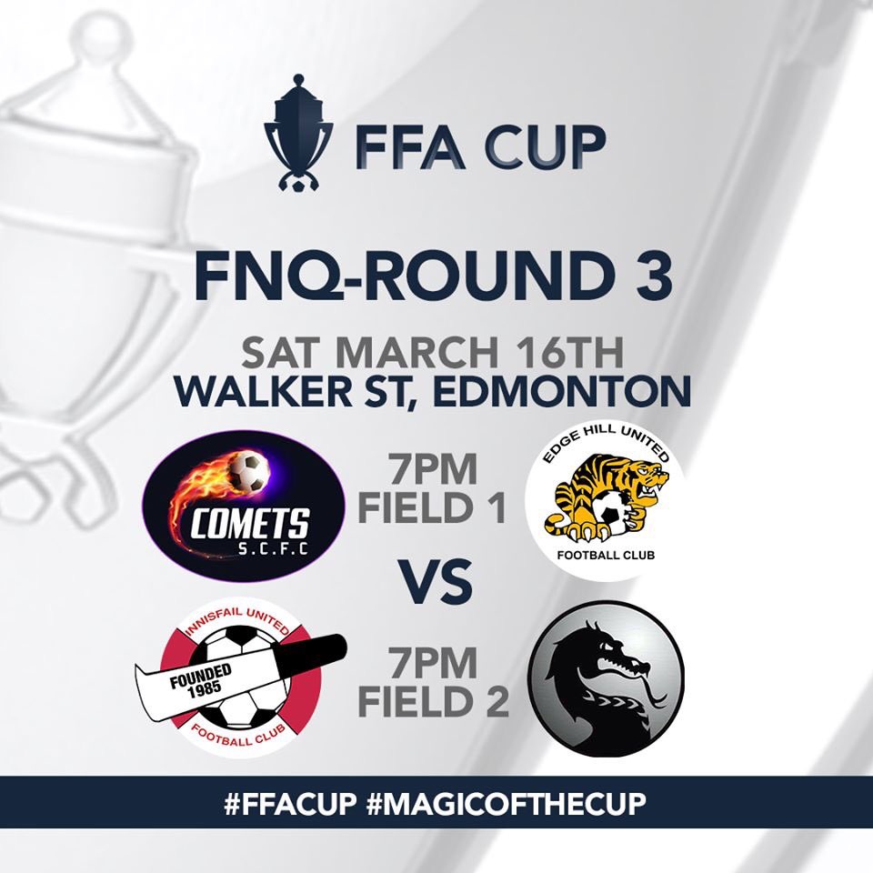 FFA Cup action returns to the home of Southside Comets, Waker Road Sporting Precinct this Saturday night! 🏆 It all kicks off at 7pm with your very own <a href="/SthSideCometsFC/">Southside Comets FC</a> v Edge Hill on Field 1 &amp; Innisfail v Port Douglas on Field 2. #FFACup #magicofthecup <a href="/FFA/">Football Aus</a>Cup @FFA <a href="/FootballQLD/">Football Queensland</a>