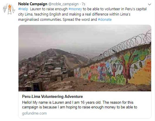 noble_campaign's tweet photo. #Help  Lauren to raise enough #money to be able to volunteer in Peru's capital city Lima, teaching English and making a real difference within Lima’s marginalised communities. Spread the word and #donate  https://t.co/d5oxe4Whly https://t.co/tfJlg3RVT8