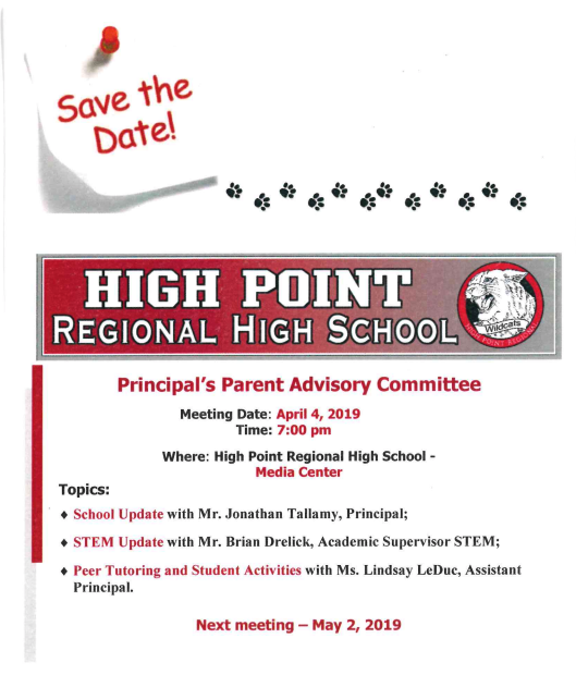 HPRwildcats's tweet photo. Principal's Parent Advisory Committee Meeting 4/4/19 - 7:00pm @leduc_lindsay @SRipley2 @SeamusWCampbell @ToddVanorden @HighPointSTEM @DeodinoWildcats @dlembo1 @JonTallamy #hprwildcats #TopofNJ #jonus https://t.co/71i3bqO2gT