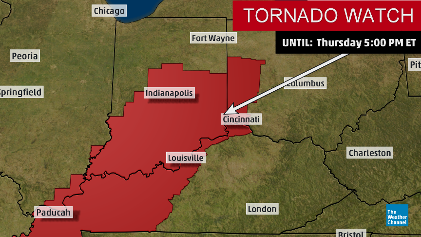 weatherchannel's tweet photo. NEW: #Tornado watch issued until 5 p.m. EDT for western and northern Kentucky, far southern Illinois, southern and central Indiana and southwest Ohio. https://t.co/jq2qTXgVRy