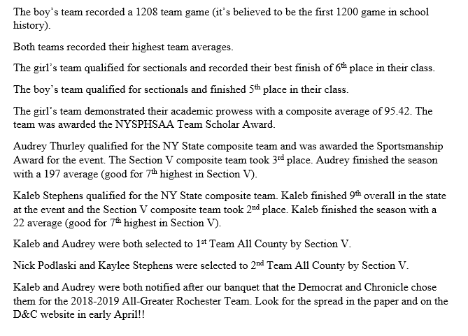 bportbowling's tweet photo. The 18-19 Varsity season was wrapped up with the banquet this past Tuesday night. This season was our most fruitful since the relaunch of the program 4 years ago. Please see the image of our accomplishments and the following pictures from the banquet. Congrats on a great season! https://t.co/hfhEAv8E5h