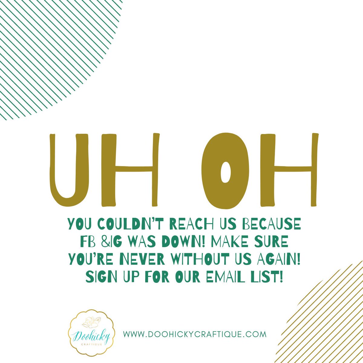 DoohickyCraftqe's tweet photo. The innanets straight tripped yesterday! Stay connected with us via email. Sign up at https://t.co/LyifX7hgZh
#doohickycraftique #doohicky #nationalcraftmonth #email #emailmarketing #coupons #supportthemakers #stlouis #mobileal #memphis https://t.co/MoUiId8xNR