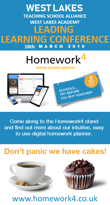 homeworkfour's tweet photo. We are looking forward to meeting you at the West Lakes Teaching School Alliance's 'Leading Learning' conference on Monday 18th March in Cumbria. Come along with a coffee at the breaks and help yourself to one of our delicious cakes and see Homework4 in action! You'll love both! https://t.co/XjEwO0cDr5