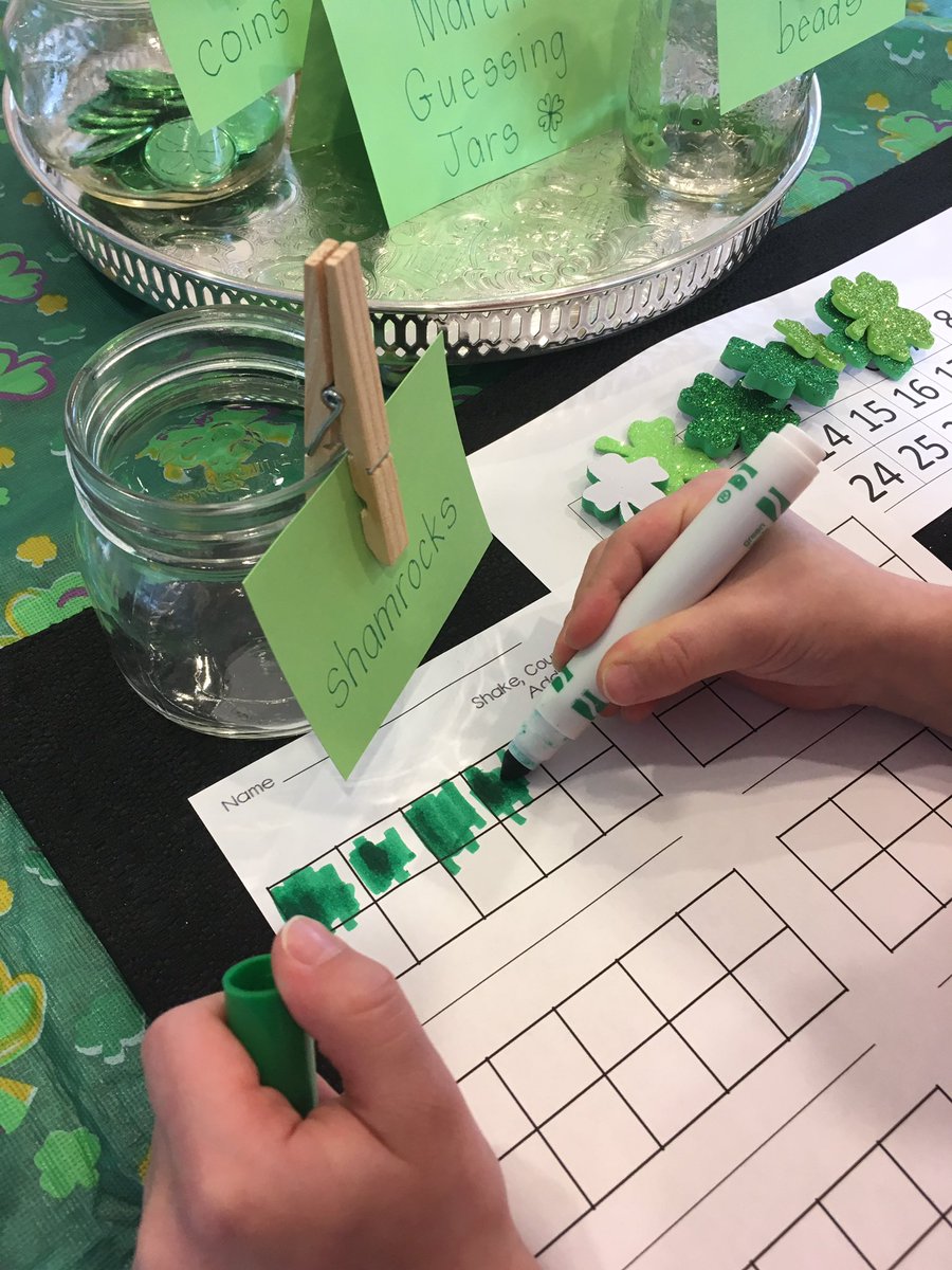 exploring_k's tweet image. Beginning our morning with March Guessing Jars! Thank you @McLennan1977 for the inspiration! Lots of wonderful math talk as we estimate, count and record how many objects are in the jars. @hspaulLRSD #joyfulmath #playbasedlearning