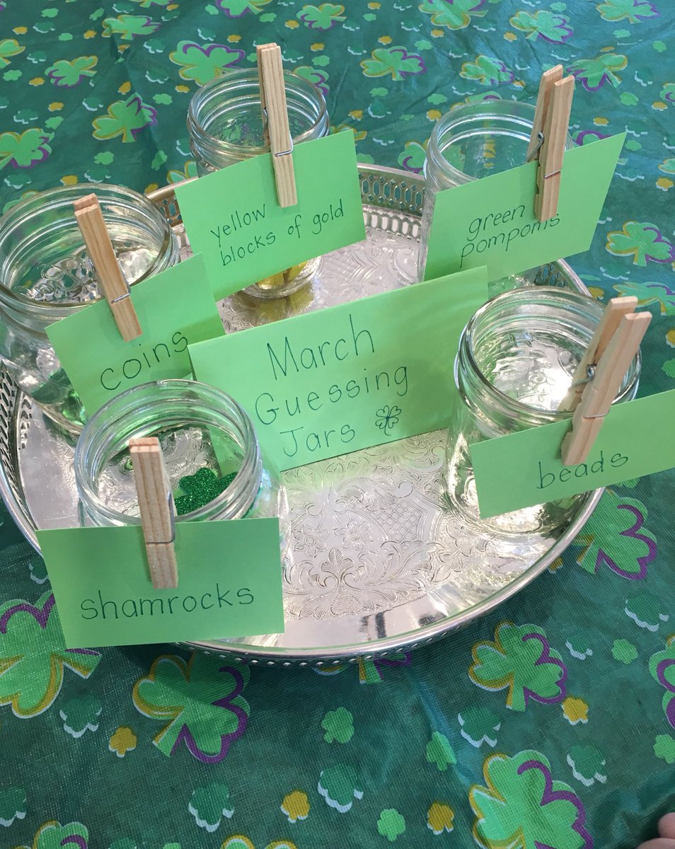 exploring_k's tweet image. Beginning our morning with March Guessing Jars! Thank you @McLennan1977 for the inspiration! Lots of wonderful math talk as we estimate, count and record how many objects are in the jars. @hspaulLRSD #joyfulmath #playbasedlearning