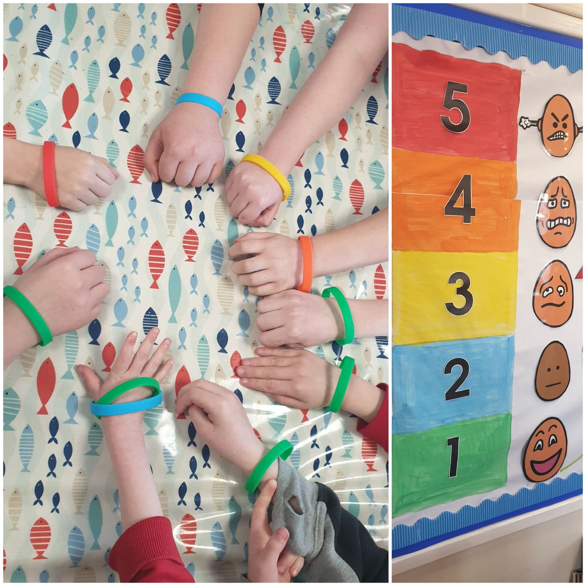 LynburnNurture's tweet photo. Our wrist bands to match the 5 point scale. Children can use non verbal signals to let me know how they feel. They have also come up with other great ideas how we can use them #emotionalliteracy #5pointscale @LynburnEWorks https://t.co/44C33MVUg3