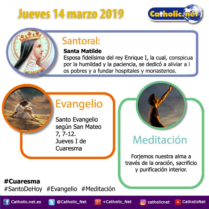 Santa Matilde  bit.ly/2T6J2zE #SantoDeHoy
Pidan y se les dará, busquen y hallarán  bit.ly/2Jf2eve #Evangelio
Pidan y se les dará  bit.ly/2Ck24wV #Meditación