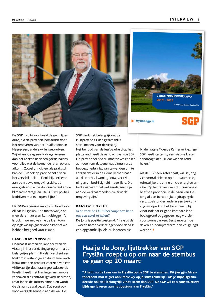 Vandaag in het ledenmagazine van <a href="/SGPnieuws/">SGP</a> interview met onze lijsttrekker Haaije de Jong #SGP #goedvoorelkaarinfryslan #ps2019