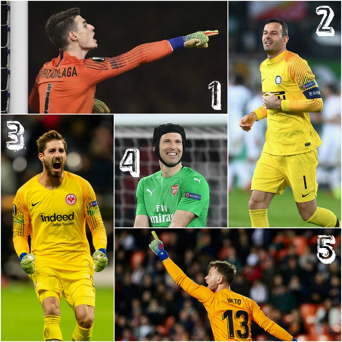 EuropaLeague's tweet photo. #UEL keepers 😄🧤

Who'll shine tonight? 🧐

1⃣ Kepa⁣ 
2⃣ Handanovič⁣
3⃣ Trapp⁣
4⃣ Čech⁣
5⃣ Neto https://t.co/MjQYP59MRs