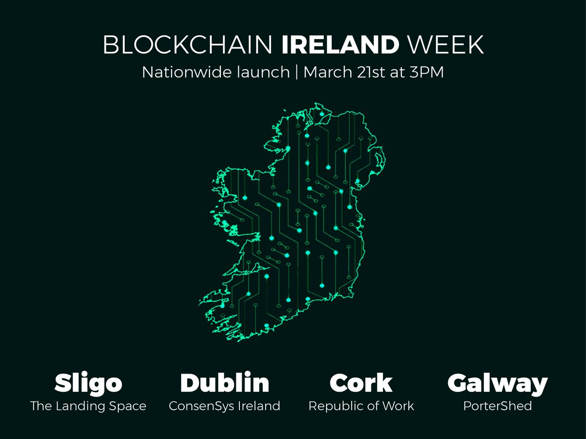 Join the nationwide launch party for #BlockchainIrelandWeek

📅 Thur, March 21st at 3PM 🥳🥳

Dublin - bit.ly/2HfVpa7
Galway - bit.ly/2ug2FLL
Cork  - bit.ly/2HgsMuv
Sligo  - bit.ly/2SZnV1V