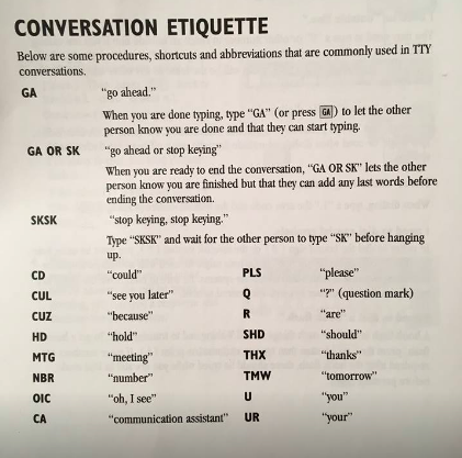 KODAheart's tweet photo. #k3didyouknow that before “LOL”&“OMG” we had “GA"&“SKSK”? Conversation etiquette for TTY users is a lost art! A trip down memory lane w/ guide from UltratecPro Superprint Pro80 Manual!
#DeafHistoryMonth #DeafCommunity #Codas #DeafCulture #codahistory #deafhistory #deafparents https://t.co/Fk6j0GgfLT