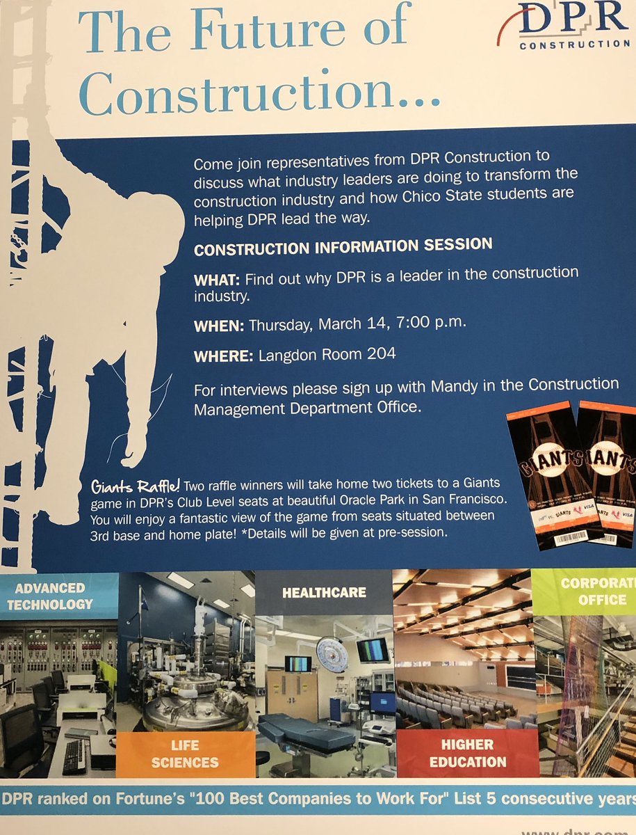 Come to the 7:00 PM Info-Session tonight to learn more about <a href="/DPRConstruction/">DPR Construction</a> and the opportunities they have available! You’ll also be entered into a raffle to possibly win 2 tickets to the <a href="/SFGiants/">SFGiants</a> !