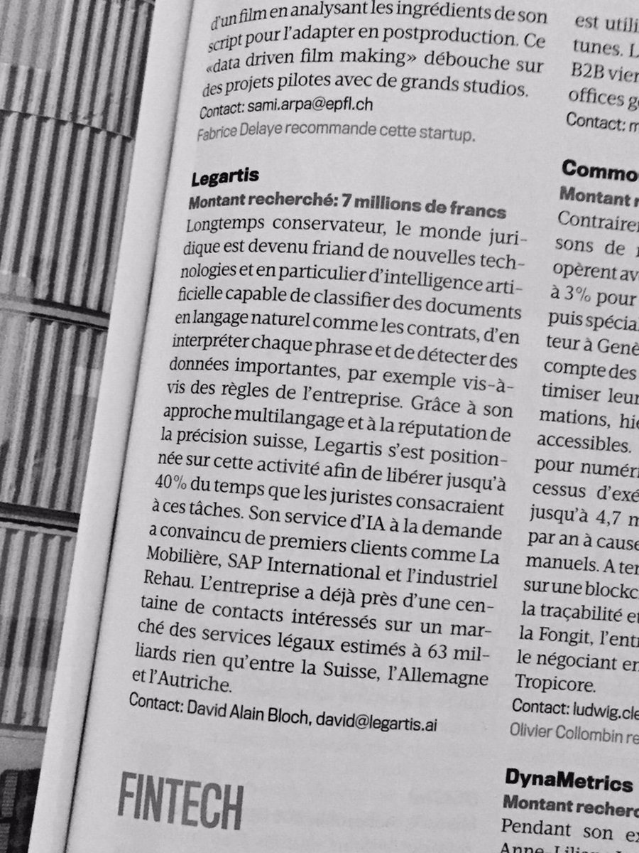 legartistech's tweet photo. Here they are, the 50 #Swiss #startups to #invest in 2019 by @bilanmagazine and @UBS and we are one of them! #Bilan50startups #legaltech #AI @fabricedelaye @davidabloch https://t.co/1DCo6YilLG