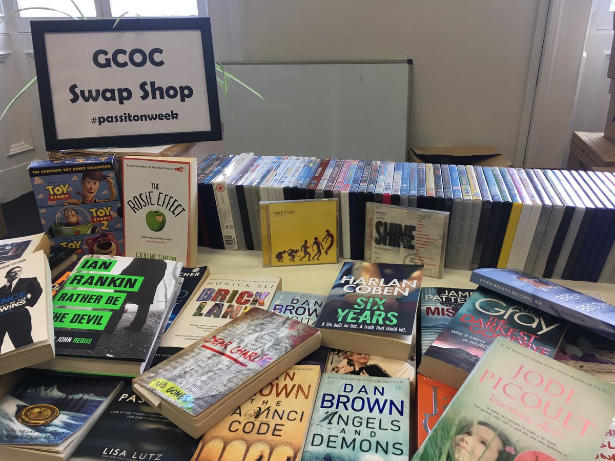 CircularGlasgow's tweet photo. The @Glasgow_Chamber team have had a clear out for #PassItOnWeek - we've been swapping and sharing books and dvds and we also threw in a bake sale for #ComicRelief too! #CircularEconomy #ESIF #TheBigDeclutter https://t.co/wJ5DuYRJvq
