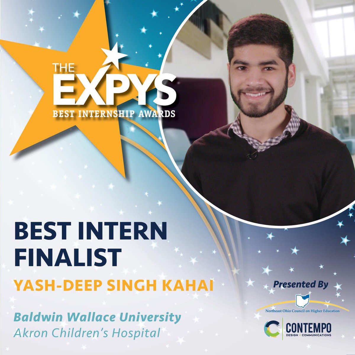 ContempoCLE's tweet photo. Congrats Yash-Deep Singh Kahai, student at  Baldwin Wallace University interned Akron Children's Hospital - Best Intern Finalist for an Expy award presented by the Northeast Council on Higher Education and Contempo Design + Communications

https://t.co/3YiFrz0Y1G

#EXPYS2019 https://t.co/EcKgjzp8Xa