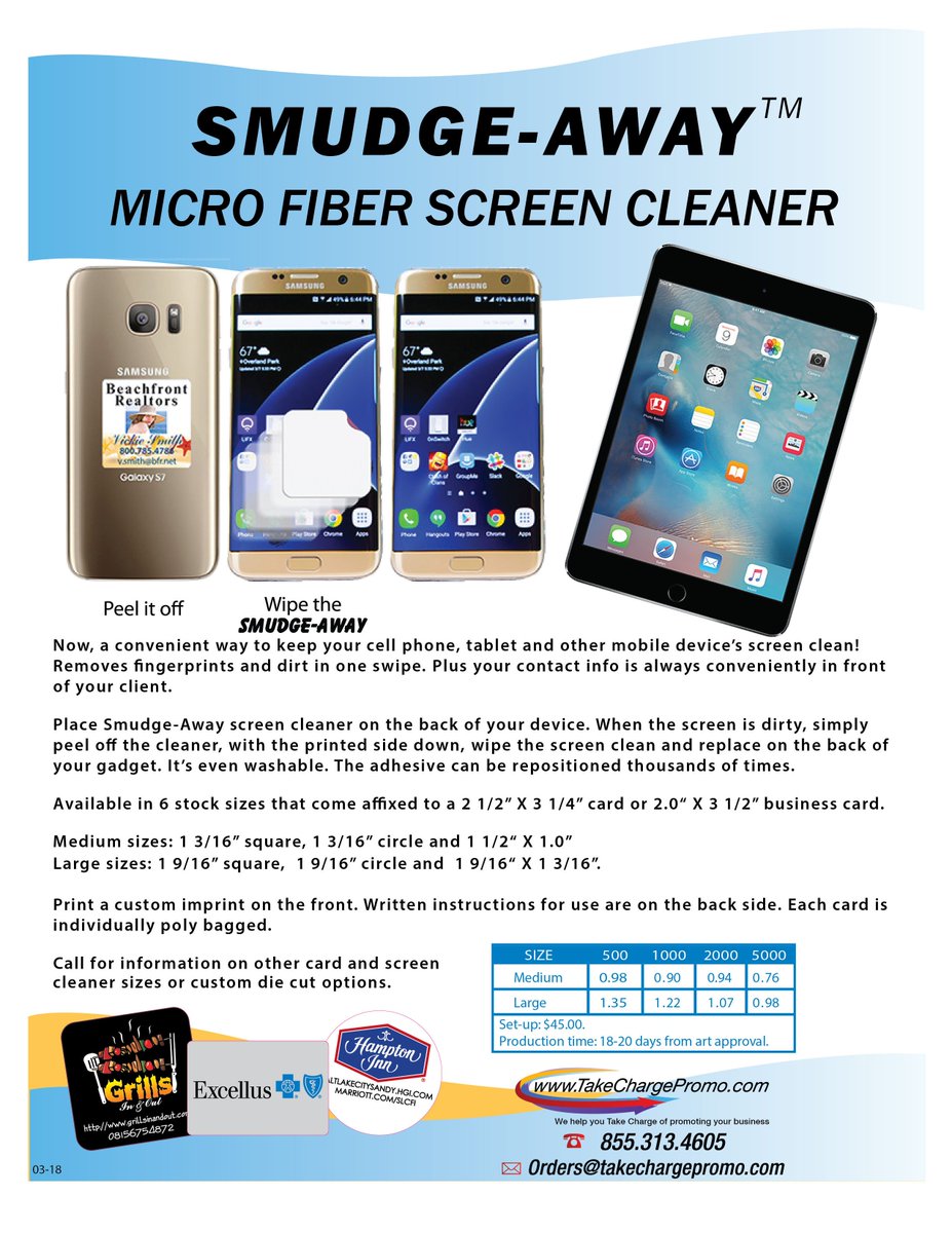 TakeChargePromo's tweet photo. Smudge-Away Microfiber Screen Cleaner Cloths. https://t.co/exnSzoPyv5 is providing the easiest promotional product for your business. These cleaners attach to your tech devices or business cards. https://t.co/Cc0ta78Tjv