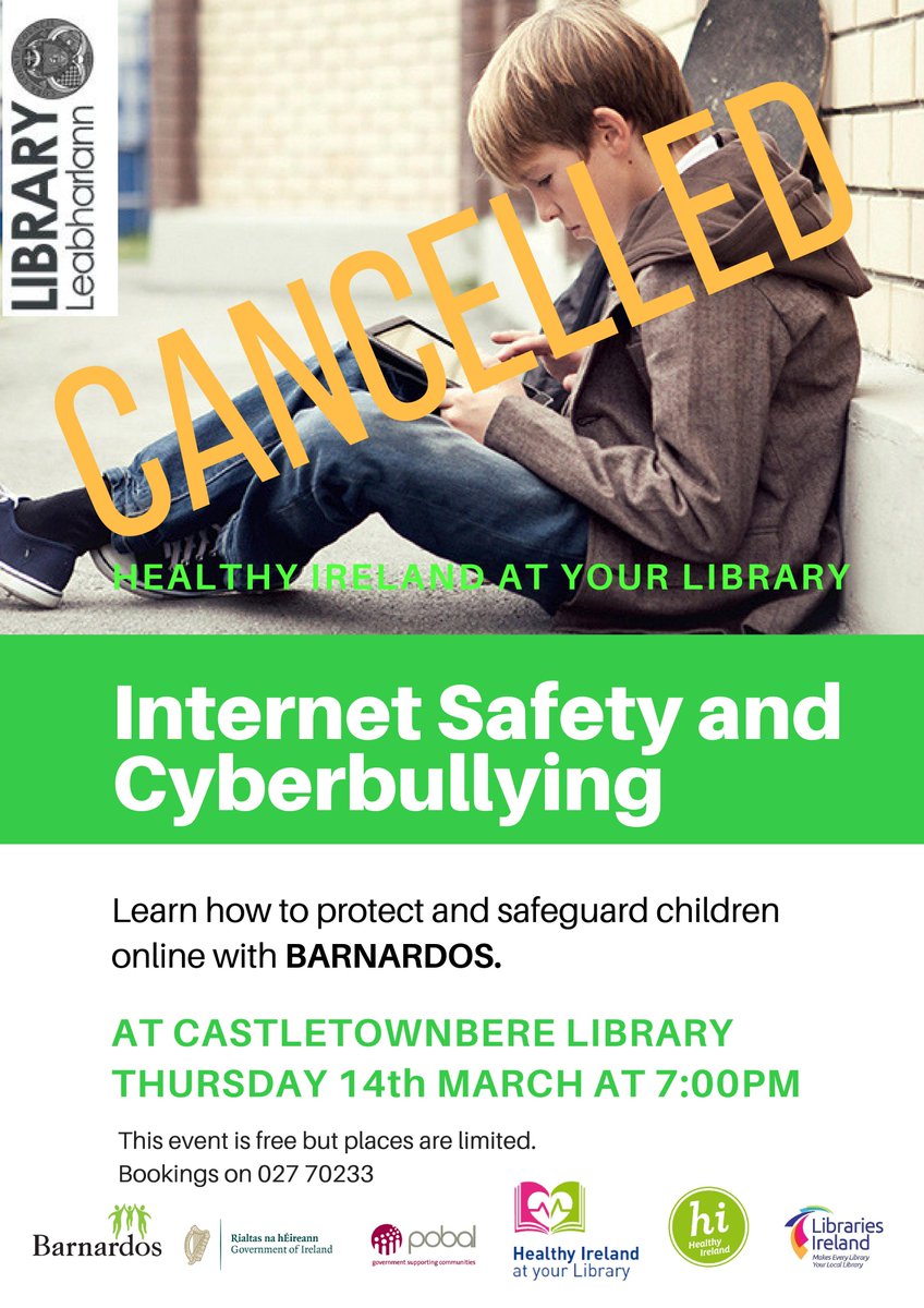 corkcolibrary's tweet photo. Unfortunately, @Barnardos_IRL #Cyberbullying &amp; #InternetSafety talk due to take place tonight @ #CastletownbereLibrary has been cancelled. Apologies for any inconvenience this may cause. Check your #Local #Library for more  #HealthyIrelandAtYourLibrary #CorkCo events coming soon https://t.co/Wo8buGSqgI