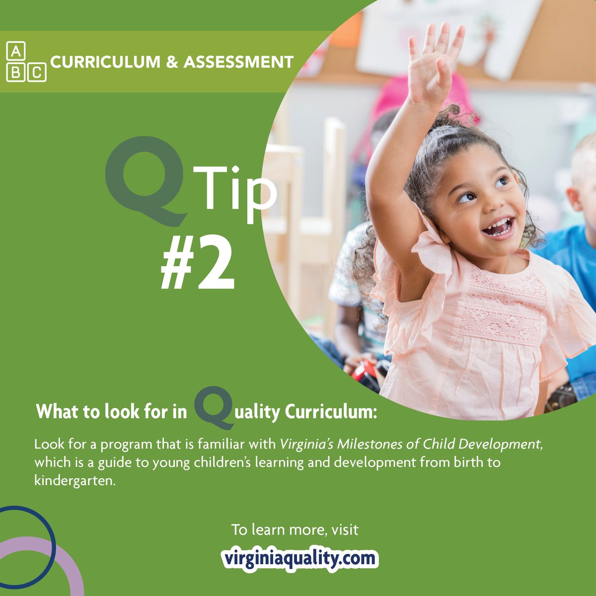 VECF_Ready's tweet photo. Curriculum Q-tip Two - Look for a program that is familiar with Virginia’s Milestones of Child Development, which is a guide to young children’s learning and development from birth to kindergarten. #QualityTipsVA https://t.co/ccnqOsCKXO