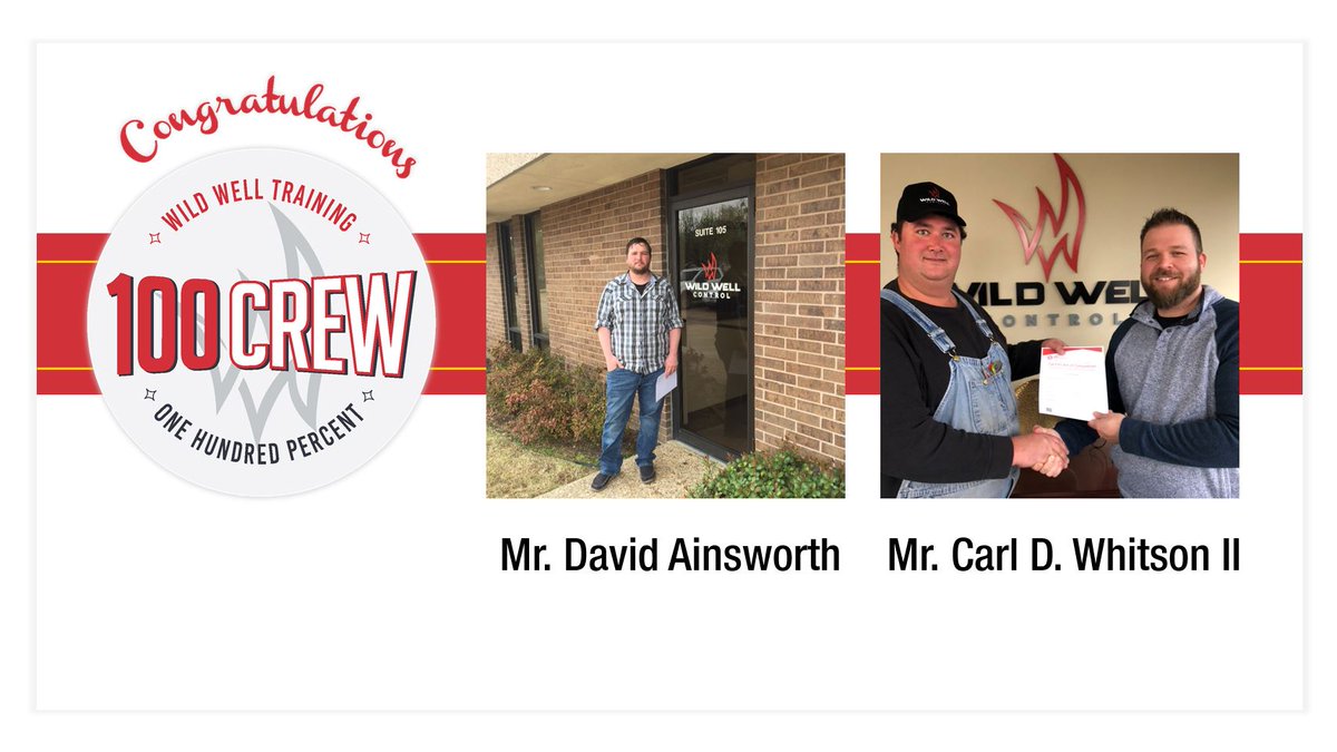 WildWellInc's tweet photo. Congratulations to the two newest members of the #WildWell 100Crew, Mr. David Ainsworth and Mr. Carl D. Whitson II! David made a perfect score on his IADC Drilling Supervisor exam, and Carl made a perfect score on his IADC Drilling Driller exam.  https://t.co/qXV6KwLpBU https://t.co/mSBb2Wb4FW