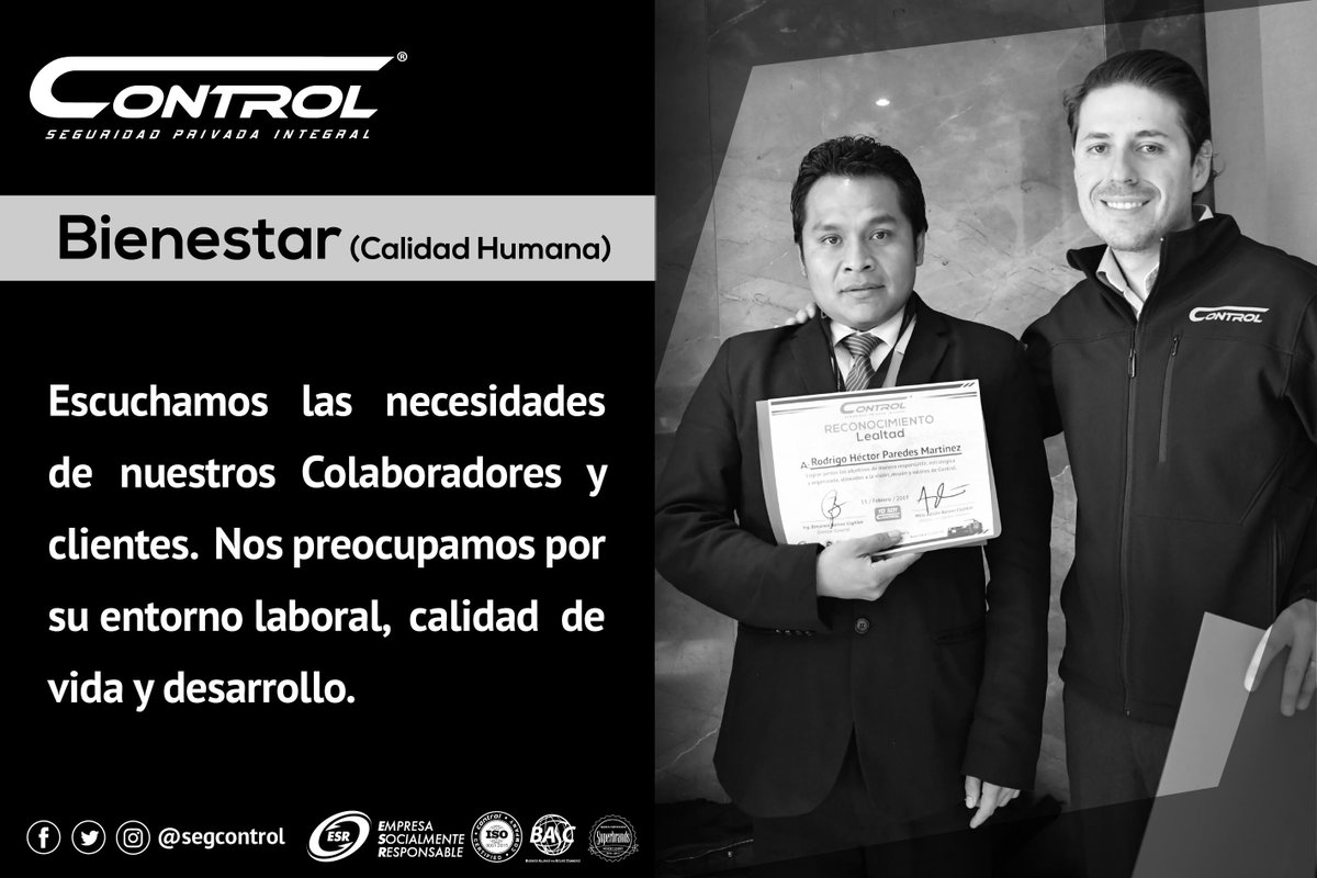 segcontrol's tweet photo. Uno de nuestros principales valores es el del Bienestar por lo que escuchamos las necesidades de nuestros colaboradores y clientes, preocupándonos por su entorno laboral, calidad de vida y desarrollo. #FamiliaControl #ValoresControl #GuardiasControl #YoSoyControl https://t.co/M4CspTmV2Y