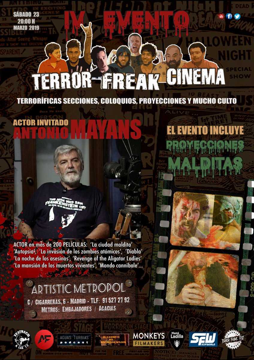 El Sábado 23 a las 20:00h perpetraremos el cuarto y terrorífico asalto con el veterano actor Antonio Mayans como artista invitado. Nes vemos en <a href="/artmetropol/">Artistic Metropol</a> 
¡Afilando la motosierra con piedra pómez! 
entradium.com/events/terror-…