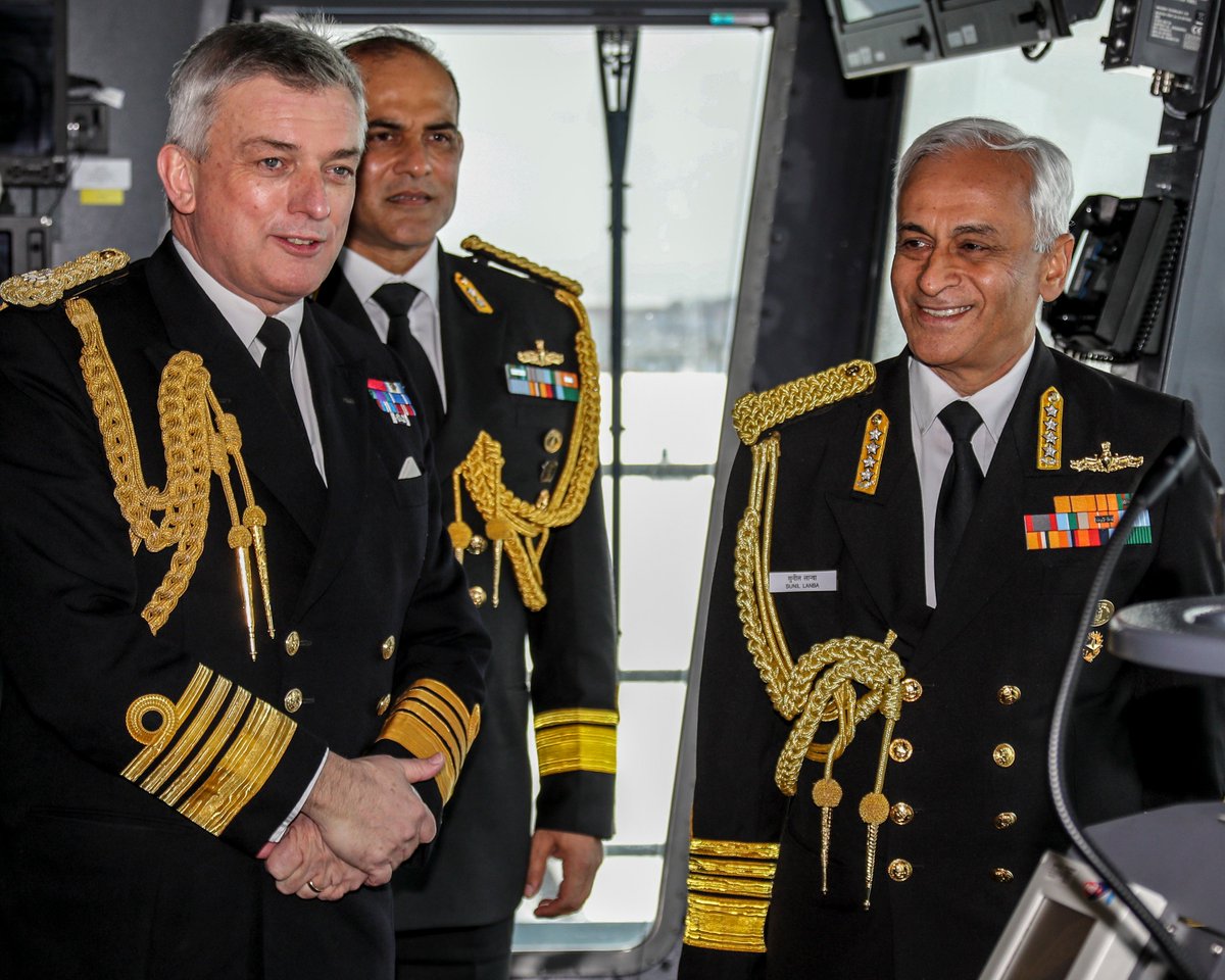 Chief of the Indian Naval Staff Admiral Sunil Lanba visited <a href="/HMNBPortsmouth/">HMNB Portsmouth</a> today and was given a tour of <a href="/HMSQNLZ/">HMS Queen Elizabeth</a> by <a href="/AdmPhilipJones/">Former First Sea Lord 2016-2019</a>. The <a href="/RoyalNavy/">Royal Navy</a> and <a href="/indiannavy/">SpokespersonNavy</a> have formed the Carrier Capability Partnership to share best practice from the UK's carrier programme.