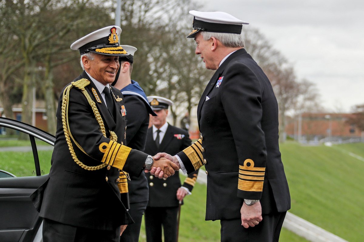 HMNBPortsmouth's tweet photo. Chief of the Indian Naval Staff Admiral Sunil Lanba visited @HMNBPortsmouth today and was given a tour of @HMSQNLZ by @AdmPhilipJones. The @RoyalNavy and @indiannavy have formed the Carrier Capability Partnership to share best practice from the UK's carrier programme. https://t.co/ZmSMRX2zKC