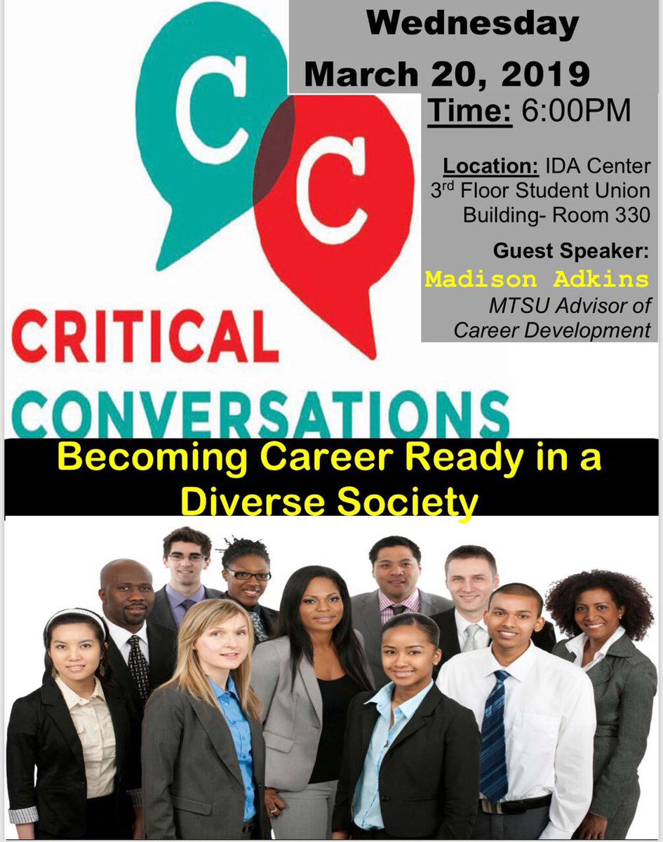 mtsu_ida's tweet photo. Are you graduating this May or August? Come to this critical conversations meeting!
Date: March 20.       Time: 6:00 p.m.
Location: IDA center (student union room 330)
#mtsu @mtsucareer #graduating #interviewskills #resumebuilding #successcollege #trueblue https://t.co/DQWbACEdDz