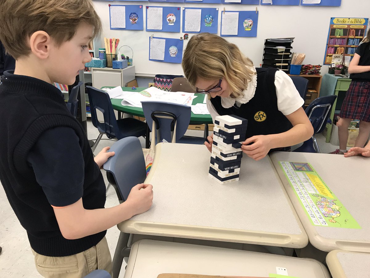 SfxHead's tweet photo. Our crusader of the week started our day with a friendly game of Notre Dame jenga! @SFXWilmette #morningmeeting #studentled https://t.co/qEkeOP6Pas