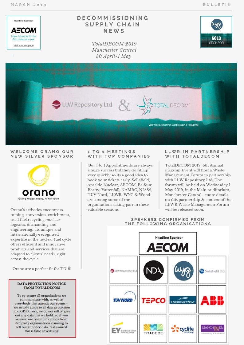 TotalDECOM's tweet photo. Our March #DECOM bulletin is out covering industry news, #wastemanagement forum @llwrsite partnership happening on day 2 of #totaldecom & speaker announcements - book your tickets to secure your place https://t.co/2AdICpOo2B
