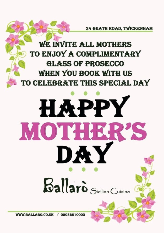 Make Mum feel loved this Mother's Day! Nothing says, "Thank you," like a special meal down at <a href="/Ballarotwick/">Ballarò</a>.
Book your table now and get a free glass of prosecco 🍾 for mum 💐🍽💝. Contact info@ballaro.co.uk
#trytwickemham.com #ballaro #offers