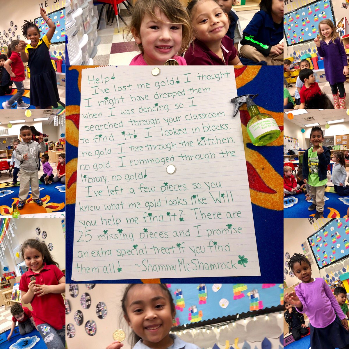 BEprek's tweet photo. Our Leprechaun has been making a real mess in our classroom this week, but today he needed our help! He was missing 25 pieces of gold. We used our magic spray and waited 30 minutes for the gold to appear and found all 25 pieces! @APSGardenHills @aps_OEL https://t.co/eywp4vHekt