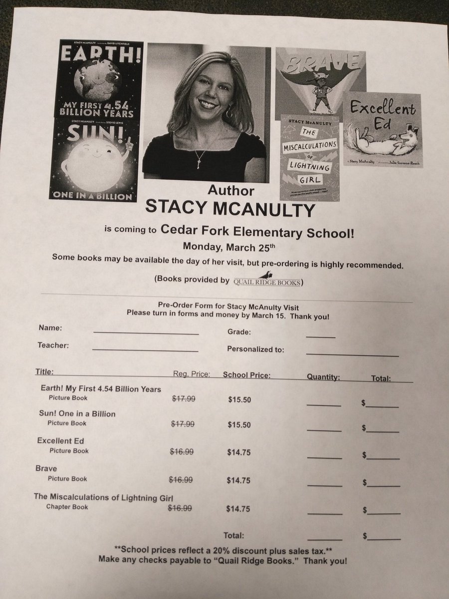 So excited for <a href="/CedarForkES/">Cedar Fork</a> upcoming author visit with Stacy McAnulty. Book preorders are due tomorrow! Click the link for the order form. bit.ly/2J9nMtc