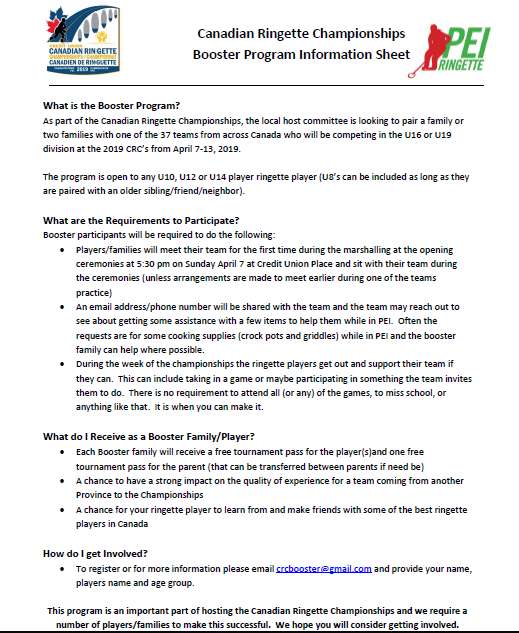 PEI is hosting <a href="/CRC_CCR/">Canadian Ringette Championships</a> in less than one month!  We are still looking for U10, U12 or U14 players to act as boosters for visiting teams. Take a look at our flyer to see what a booster is, what they do and all the fun you can have at the CRCs!! <a href="/SportPEI/">Sport PEI</a> <a href="/ChtownRingette/">Ch'town Ringette</a>