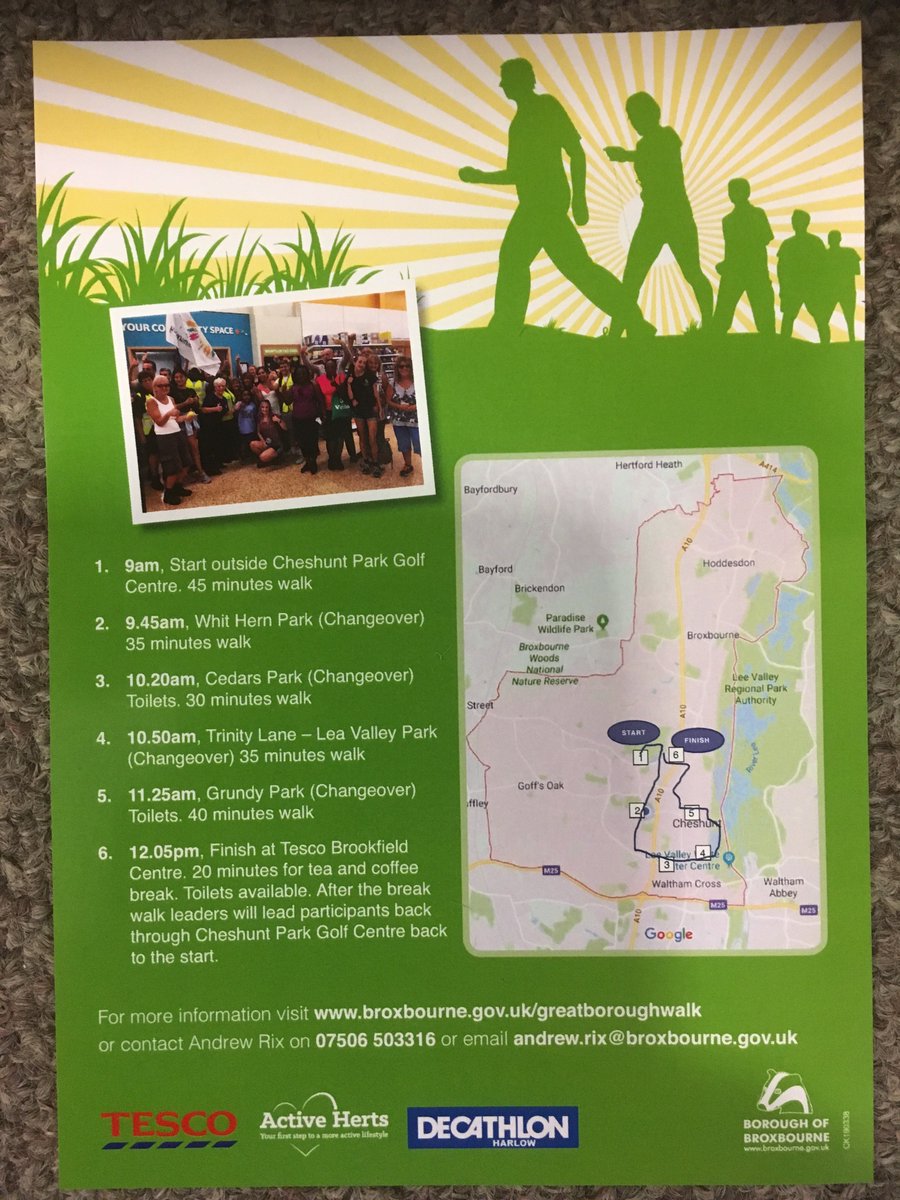 ActiveHerts1's tweet photo. Calling all Broxbourne residents!
It's that time again to dust off those trainers and take part in the next 'Great Summer Borough Walk'. Saturday 18th May 2019. For more info please contact Andy on: 07506503316 😃🚶‍♀️🚶‍♂️👟 @ActiveBrox @HertsHealthWalk @BroxbourneBC @LeaValleyHealth https://t.co/HsniDKlmP8