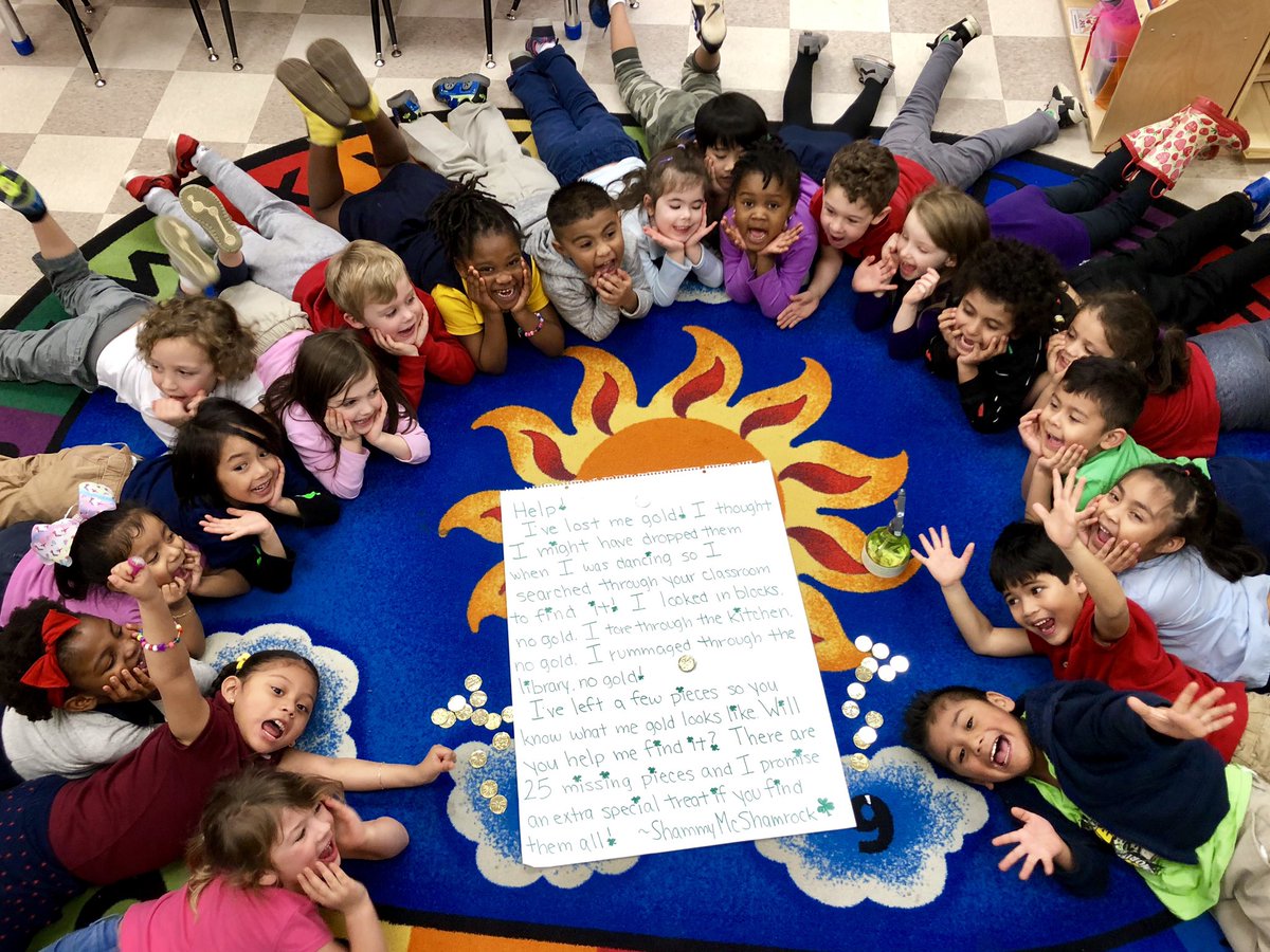 BEprek's tweet photo. The look of success after helping Shammy McShamrock the Leprechaun find his missing gold. What great friends! @APSGardenHills @aps_OEL https://t.co/NzEfVjOdrG