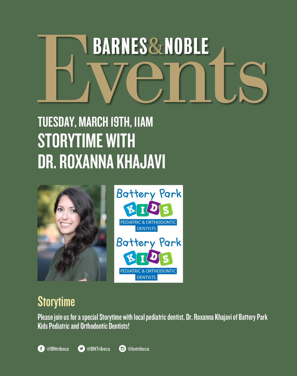 Storytime with Dr. Roxanna Khajavi 📖 📚 
Don't miss this awesome event.
Mark your calendars!
⏰ 11:00 AM
📆 Tuesday, March 19th, 2019
➡️ Tribeca Barnes & Noble

#storytime #barnesandnobleevents #kidsevents #familyevents #pediatricdentist #kidsdentist #childrensdentist #dentist