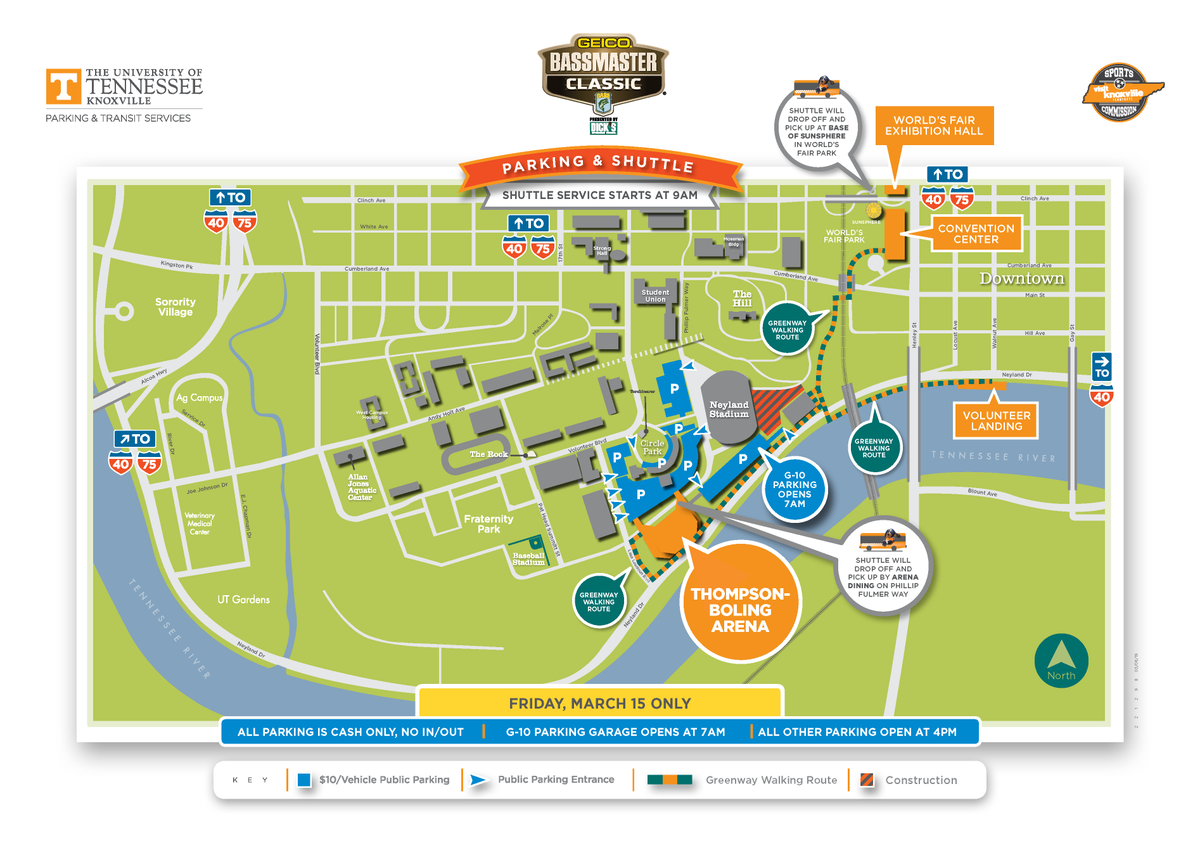 UTKParking's tweet photo. 2019 #bassmasterclassic comes to UT starting Friday March 15th
Parking opens at 7 am in the G10 garage for spectators attending the boat launch at Volunteer Landing
@commuterVOLS with valid permits may also park in G10 on Friday
lots around arena convert to special events at 4 pm https://t.co/vElFHVZJwK