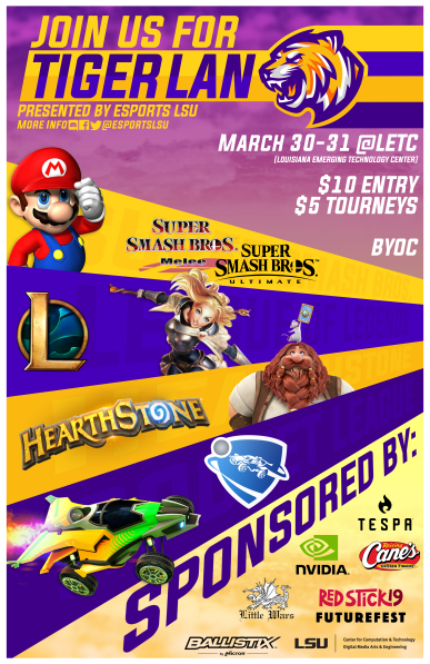 EsportsLSU's tweet photo. Tickets for #TigerLAN are officially on sale!
Reserve your seat now for the two-day BYOC in the bayou!
Tickets: https://t.co/tHez48NVHR
More Info: https://t.co/IEuf1inhvT https://t.co/zhmsekzRLL