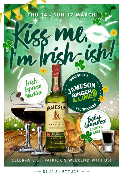 Need plans for Saturday night?? Come down and join the party an Irish themed selection of drinks as well as our usual 2-for-1 cocktails and a DJ 9pm-1am!! #slugandlettuce #StPatricksDay  #StPatricksDay2019 #StPaddysDay