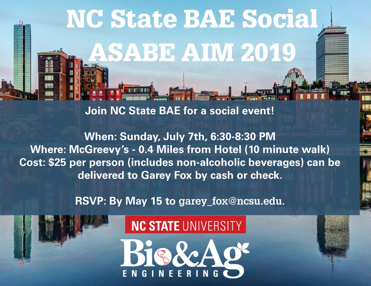 GareyAFox's tweet photo. The Wolfpack of @NCState_BAE are getting ready for the @ASABEorg Annual International Meeting (AIM, @ASABEMeetings) in @CityOfBoston. Interested in attending our annual social event on Sunday evening held at @McGreevysBoston? RSVP to me by May 15th! #BAEPack https://t.co/awXbIlAwuX