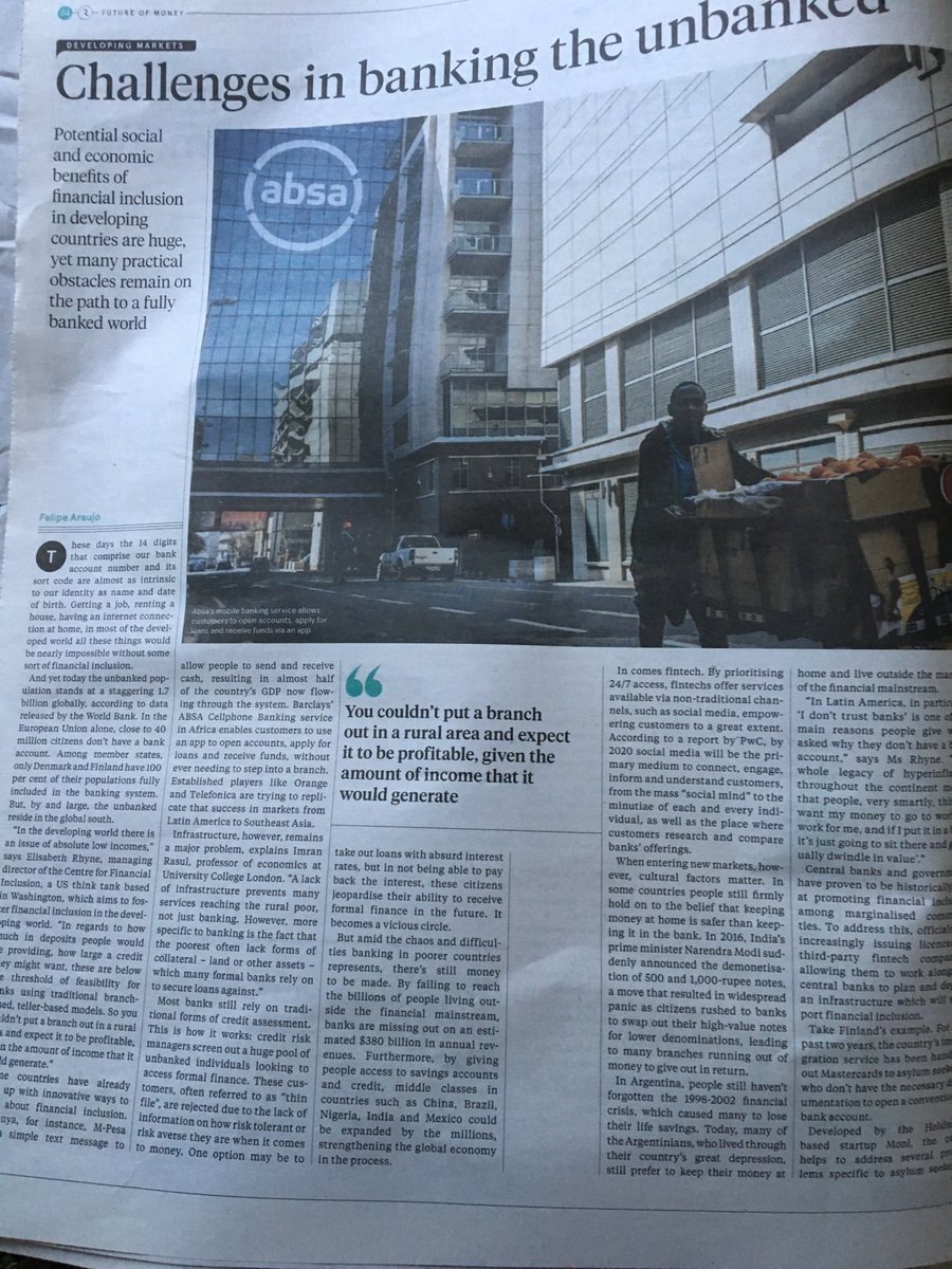 nickjlmott's tweet photo. ⁦@thetimes⁩ Great to read the future of money and particularly banking for the unbanked although I would have preferred title to be “how the challenges in banking the unbanked have been overcome” ... what is now needed to speed up the pace of inclusion? #banking #futurism https://t.co/v2Nim9Tt4P