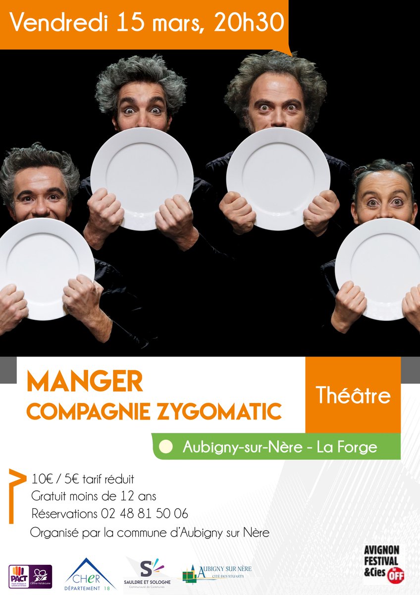 LaForge_aubigny's tweet photo. Vendredi 15 mars 20h30
Aubigny sur Nère  La Forge
MANGER Cie Zygomatic

Spectacle Coup de cœur Avignon OFF
300 REPRÉSENTATIONS EN TOURNÉE
Une épopée absurde, poétique et musicale au cœur de notre assiette. 
10€
5€ tarif réduit
Gratuit moins de 12 ans
Réservations 02 48 81 50 06 https://t.co/PiR04GSiHA