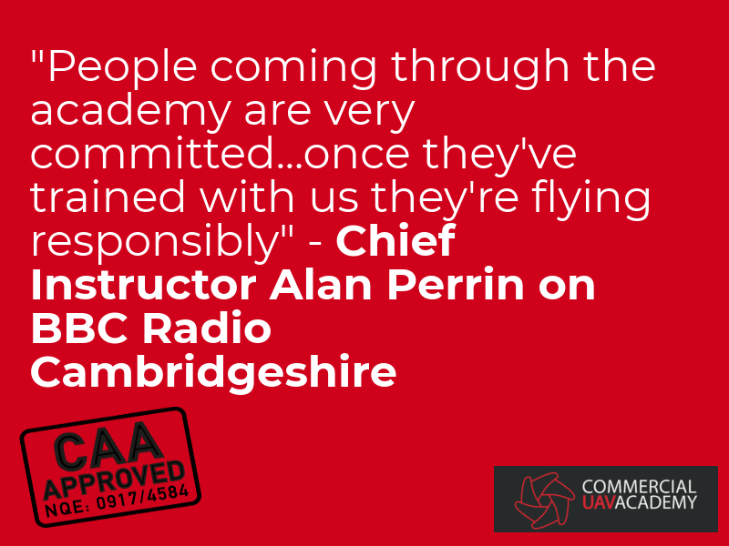 CUAVAcademy's tweet photo. A quote from our chief instructor @alan_perrin discussing the new drone regulations with @RadioBarbour on @BBCCambs Drivetime show yesterday afternoon😎 Book now at https://t.co/bcPch2oNV0 #DroneTraining #DroneExpert #DroneAcademy #Dronestagram #AlwaysLearning #Droneregulations https://t.co/6X8D5igeNy