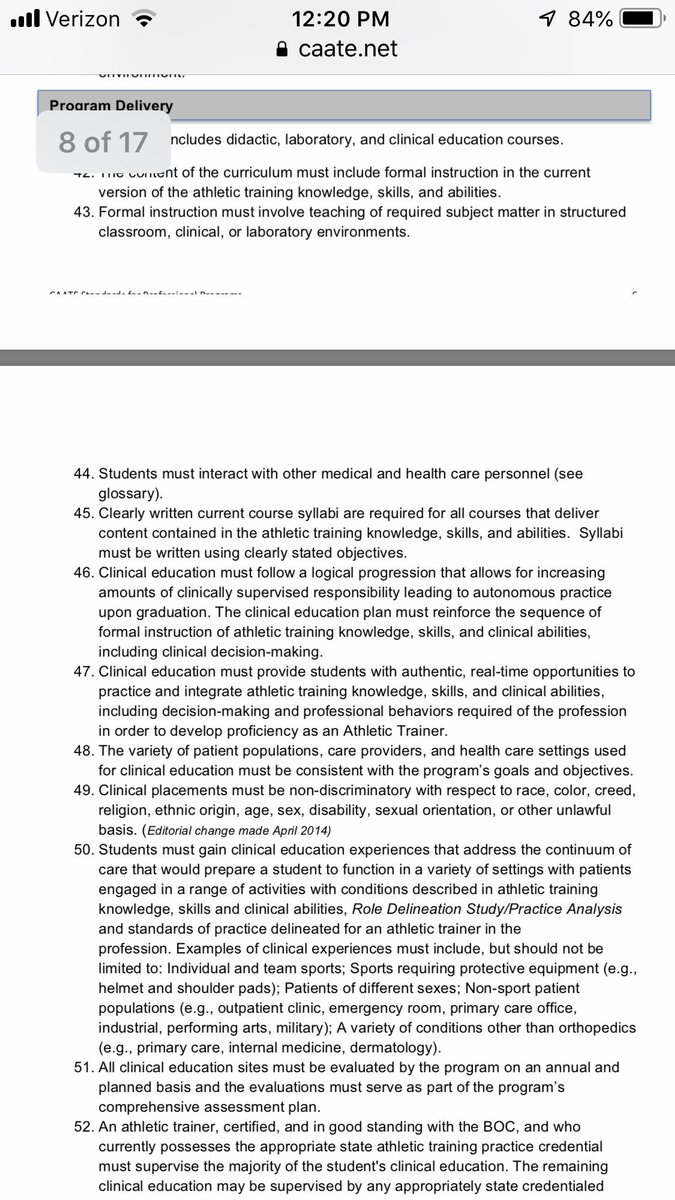 jmkiilsgaard's tweet photo. @JFletcherPT @ArkAthTrainers @ArkansasSenate @Bruce_Maloch @xjelliott The CAATE sets requirements and accredited programs are allowed to set their own policies regarding hours per week.  Here is a sample of of some of the current standards relating to the clinical education of athletic trainers https://t.co/9w2GFVFt0X