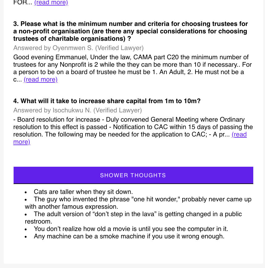 legalformsng's tweet photo. Legal Forms Weekly Newsletter Roundup
Read top questions and answers by clients and lawyers: https://t.co/yxekC4Xj5z
#LFWN #LFQA #showerthoughts #CAC #FIRS #CorporateAffairsCommission https://t.co/LeTpLb7z0U