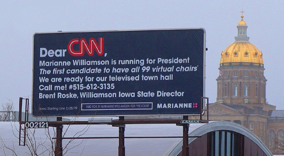 IAStartingLine's tweet photo. 2020 Dem candidate Marianne Williamson with a message for CNN on scheduling a town hall with her: https://t.co/SRAdApvWjM