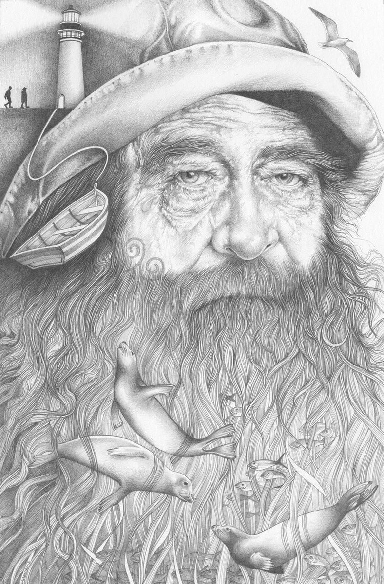 Sharing an #illustration from last year, The Lighthouse Keeper from #Thebluesaltroad written by fab @Joannechocolat. It’s actually a drawing of my Dad who loved the sea and fishing! #art  #Pencildrawing #picturesmeanbusiness